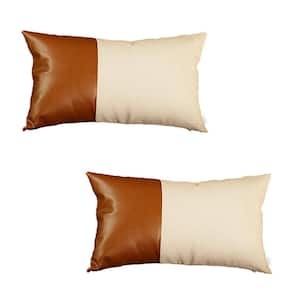 Brown Boho Handcrafted Vegan Faux Leather Lumbar Solid 12 in. x 20 in. Throw Pillow Cover (Set of 2)