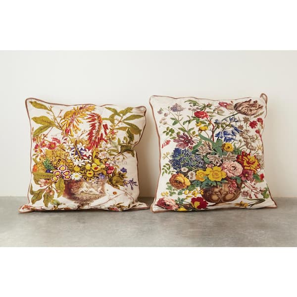 Storied Home Square Cotton Printed Pillows with Embroidery (Set of 2 Designs)