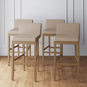 Gracie 29 in. Modern Bar Height Stool with Natural Flax Cushion Seat and Brushed Wood Legs Natural Flax/Brown (Set of 4)