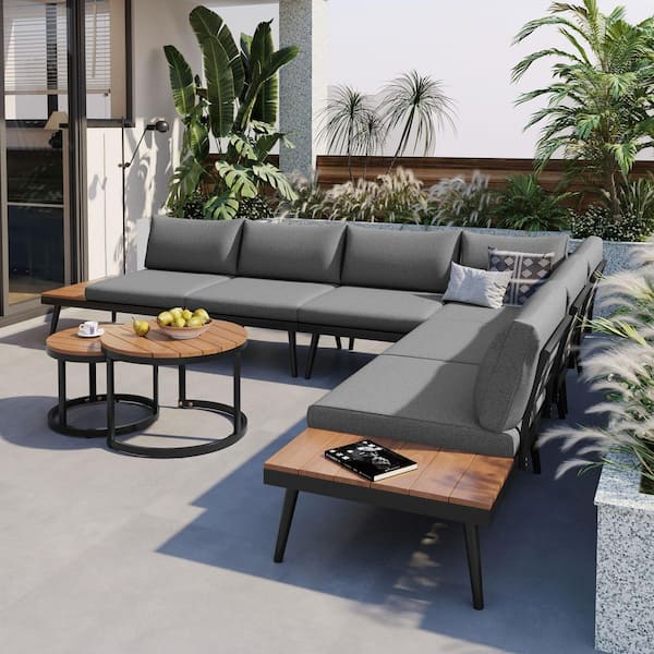 Tenleaf 6-Piece Metal Patio Conversation Set with Gray Cushions, Round Nesting Coffee Tables