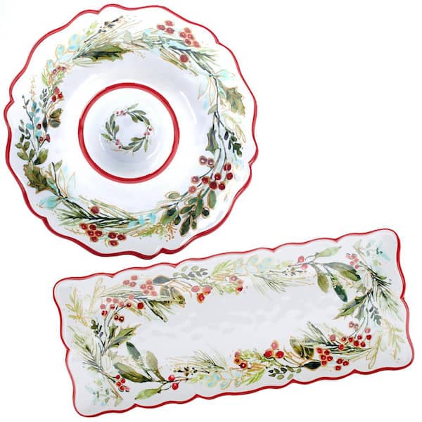 Unbranded 14 in. Multi-Colored Christmas Gatherings Melamine Platter (Set of 2)