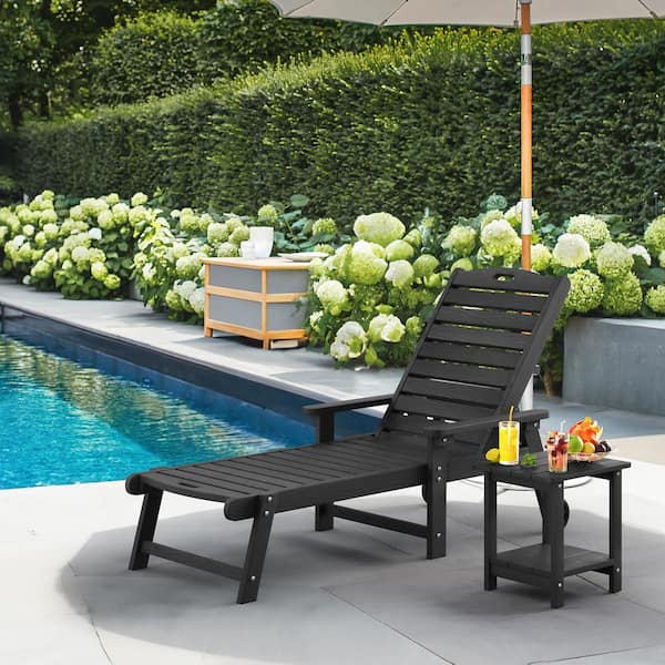 Hellen Keller Black 2-Piece HDPS Plastic Adjustable Outdoor Patio Reclining Chaise Lounge Chair Set with Side Table
