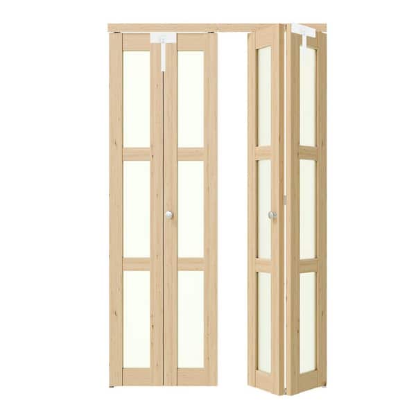48 in. x 80 in. 3 Lite Frosted Glass Solid Core Light Brown Unfinished Pine Wood Bi-fold Door with Full Accessories