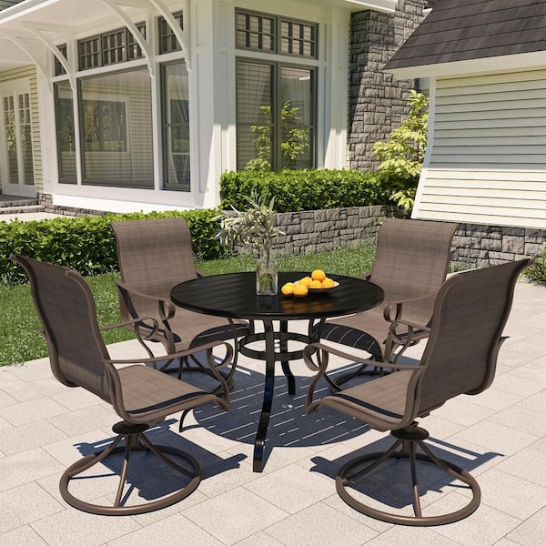 Clihome 5-Piece Metal Outdoor Dining Set with 4-Swivel Chairs and Round Table with Umbrella Hole, Random Umbrella