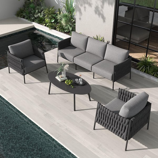 4-Piece Modern Woven Rope Outdoor Furniture Set with Oval Table and Gray Cushions