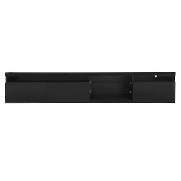 Clihome Unique Design Black TV Stand with 2 Glass Shelves for and LED Color Changing Lights TVs Up to 105 in.