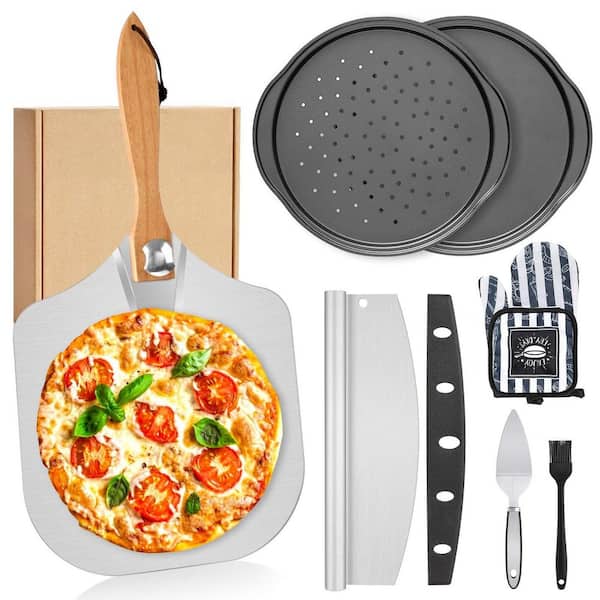 7-Piece Silver Metal Pizza Accessory Set with 12 Inch Pizza Peel Pans Cutter Server Mitts and Brush for Home Baking Oven