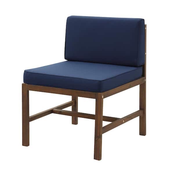 Dark Brown Armless Acacia Wood Outdoor Modular Chair with Navy Cushion