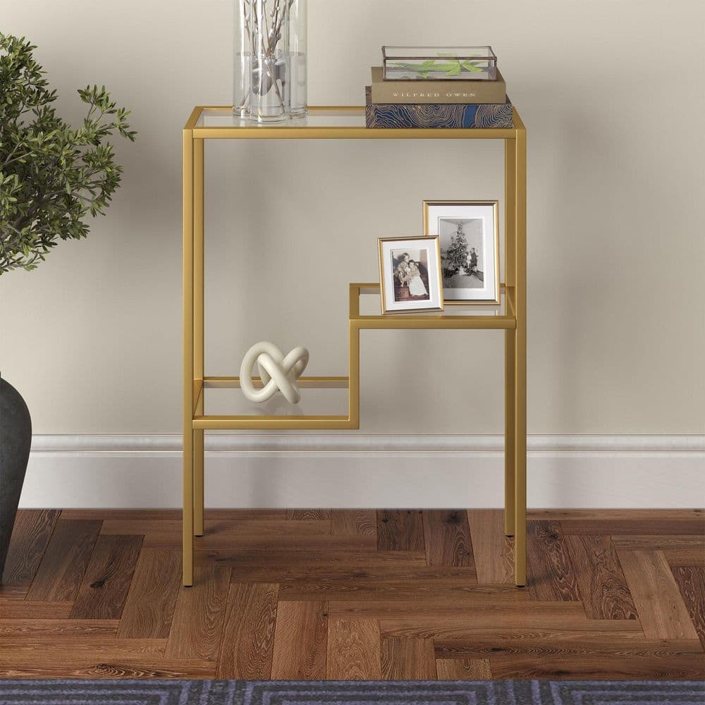 Lovett Brass Console Table with Tempered Glass Top and Shelf
