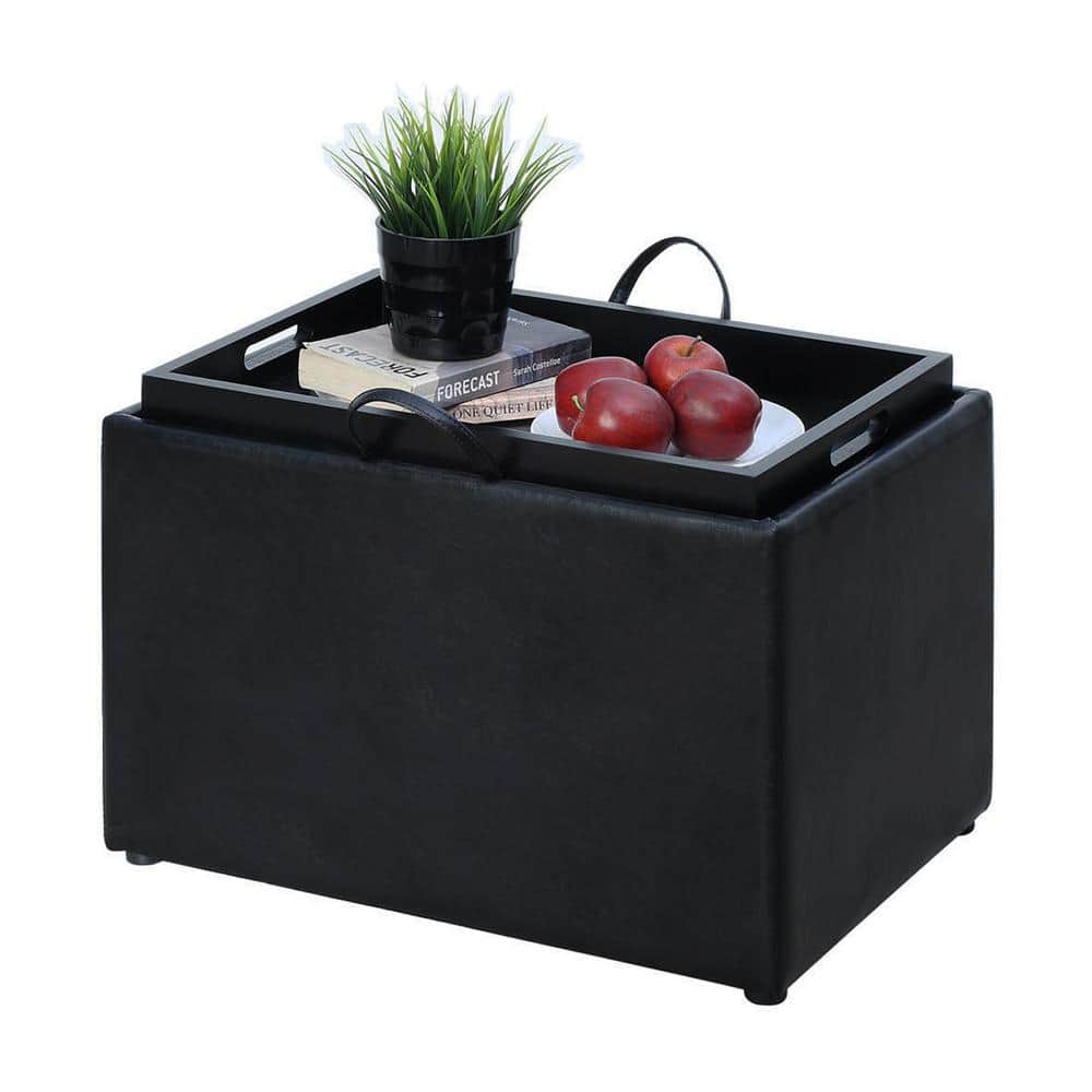Versatile Black Faux Leather Storage Ottoman with Serving Tray