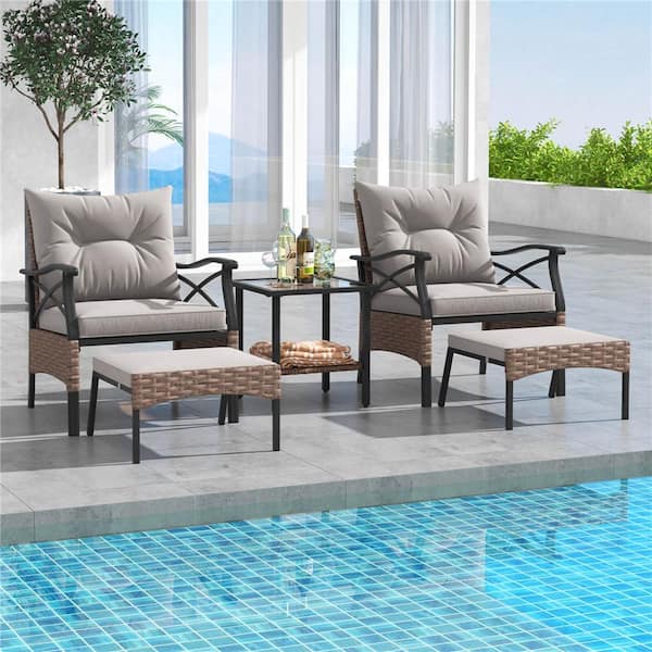 Costway Brown 5-Piece Metal Patio Conversation Set with 2-Tier Coffee Table & 2 Ottomans Cushions