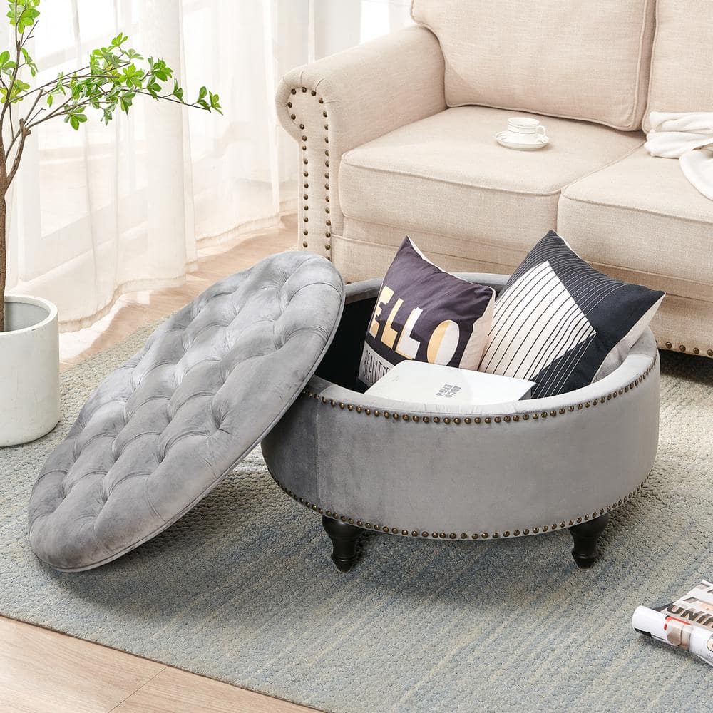 Elegant Gray 30" Button Tufted Round Storage Ottoman