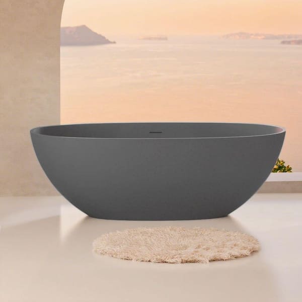 65 in. x 30 in. Solid Surface Freestanding Soaking Bathtub in Matte Gray with Overflow and Pop-up Drain