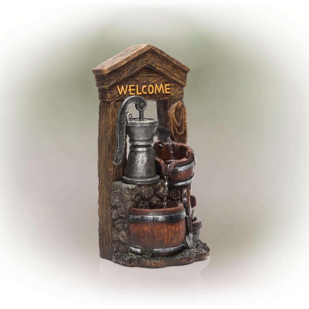 24" Rustic Brown Polyresin Barrel Fountain with Welcome Sign