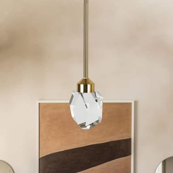 1-Light Gold Crystal Modern Minimalist Metal Integrated LED Pendant Light with Ceiling Hanging Light Shade