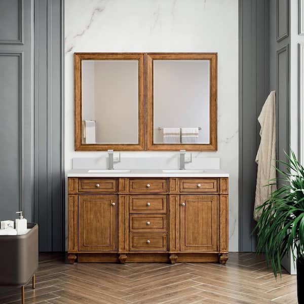 James Martin Vanities Bristol 60.0 in. W x 23.5 in. D x 34.0 in. H Bathroom Vanity in Saddle Brown with White Zeus Silestone Quartz Top