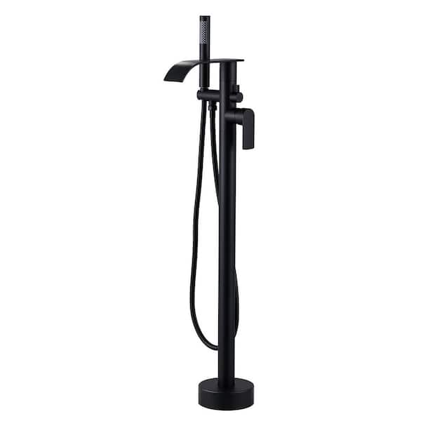 VEVETTA Single-Handle Waterfall Freestanding Tub Faucet with Handheld Shower in Matte Black
