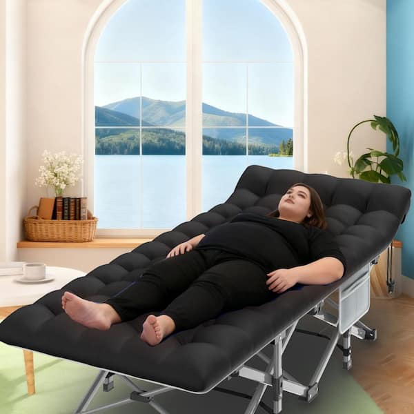 Oversized Folding Camping Cot Metal 1-Piece Metal Heavy-Duty Outdoor Chaise Lounge with Black Cushions