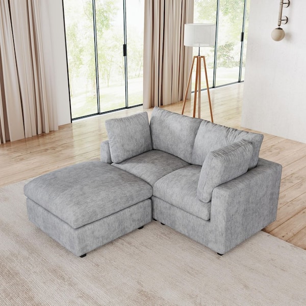 Magic Home Sofa Covers Washable, Lawson 67 in. Square Arm Chenille L-Shaped Sofa with Ottoman, Deep Seater Furniture Set in Gray