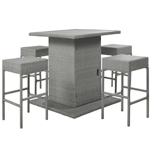 5-Piece Rattan Wicker Patio Furniture Set Outdoor Conversation Set Dining Set with Storage Table & Chairs, Gray Cushion