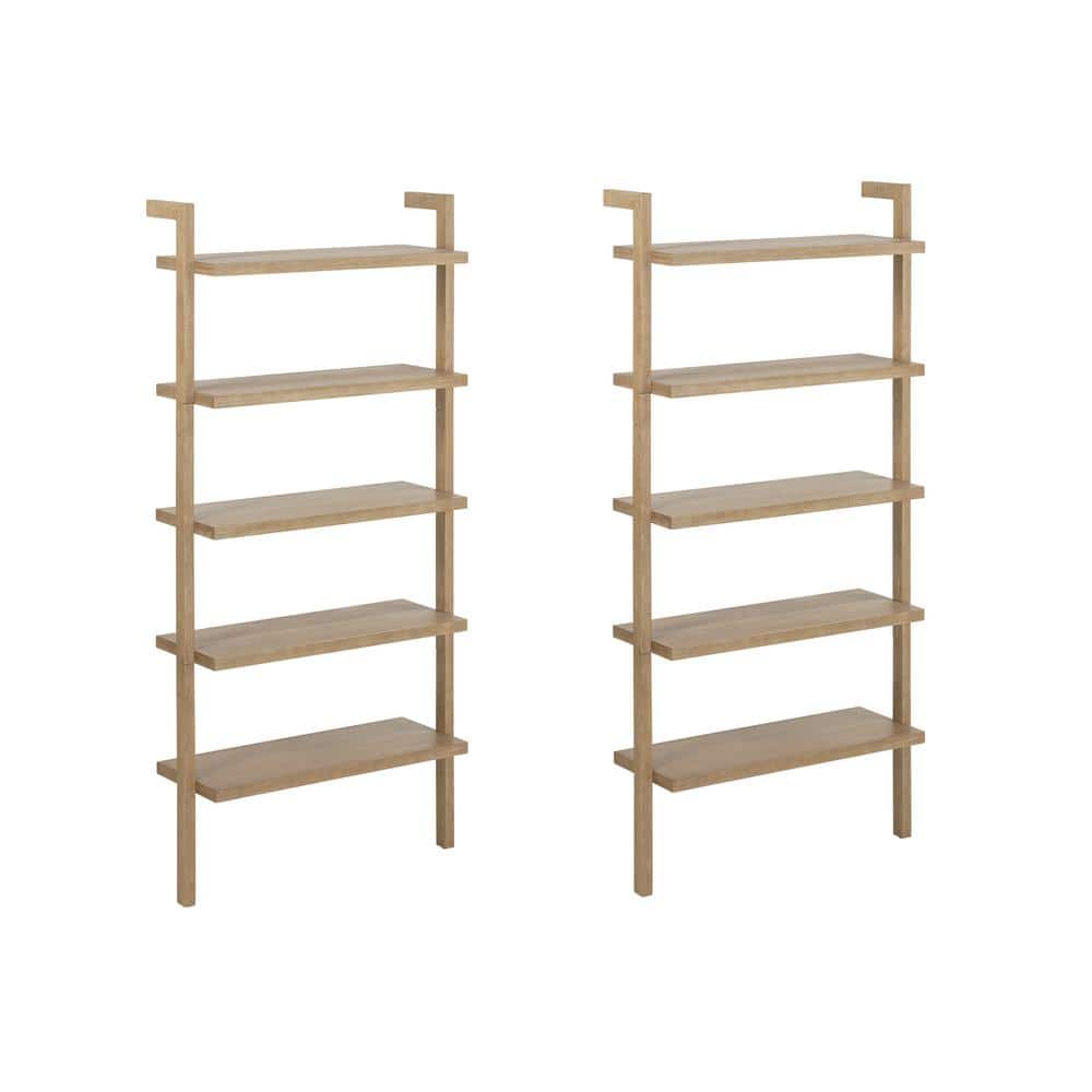 Brushed Light Brown 5-Tier Solid Wood Wall Mounted Bookshelf Set