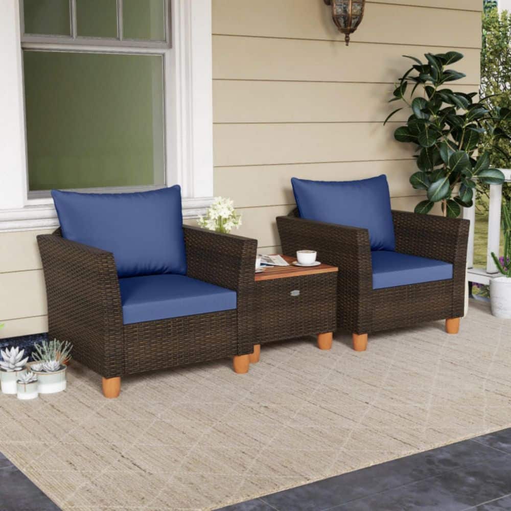 3-Piece PE Wicker Patio Conversation Set Outdoor Furniture Set with Navy Cushions price history on PriceWatchPro