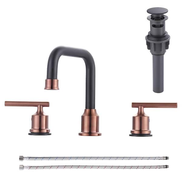 VEVETTA 8 in. Widespread Double Handle High Arc Bathroom Faucet with Drain Kit Included in Rose Gold and Black