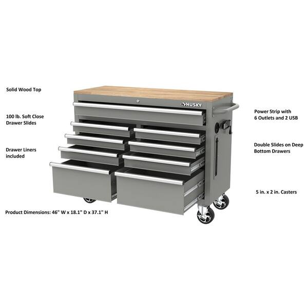Husky 46 in. W x 18 in. D 9-Drawer Gloss Gray Mobile Workbench