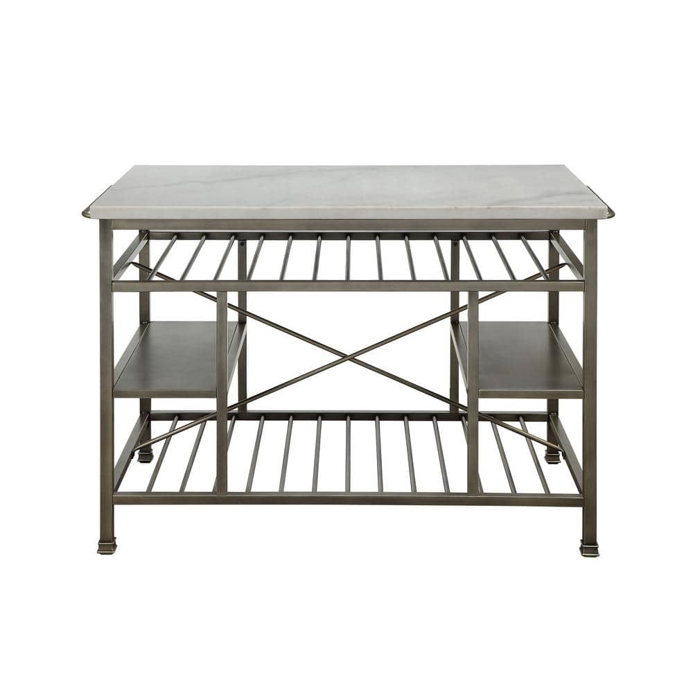 Lanzo 50" Marble and Antique Pewter Kitchen Island
