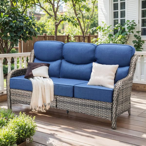 Luxurious 3-Seat Gray PE Wicker Outdoor Couch with 6 in. Olefin Blue Cushions/Patio Sofa Furniture