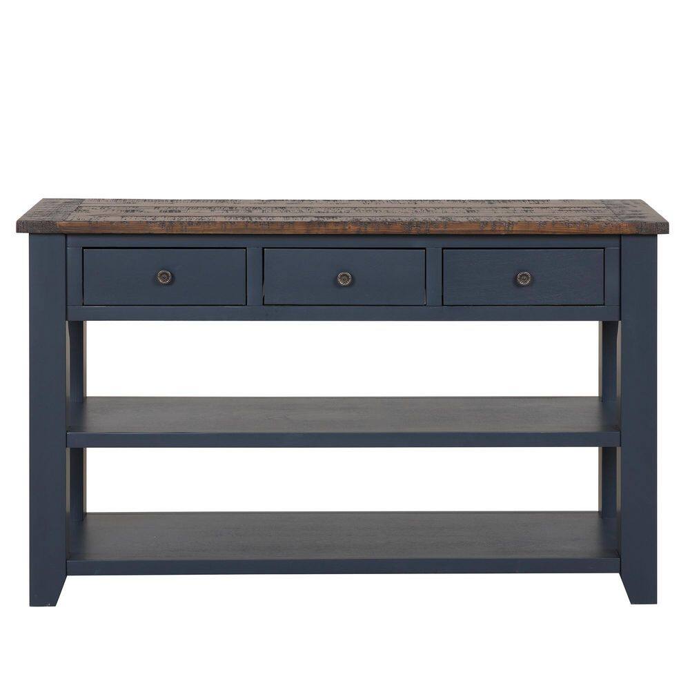 ANBAZAR 49 in. Blue Rectangle Distressed Wood Top Console Table with ...