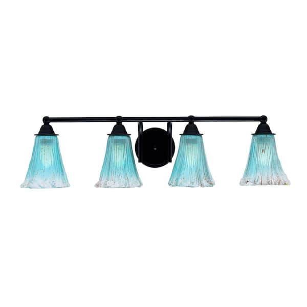 Unbranded Madison 7.25 in. 4-Light Bath Bar, Matte Black, Fluted Teal Crystal Glass Vanity-Light