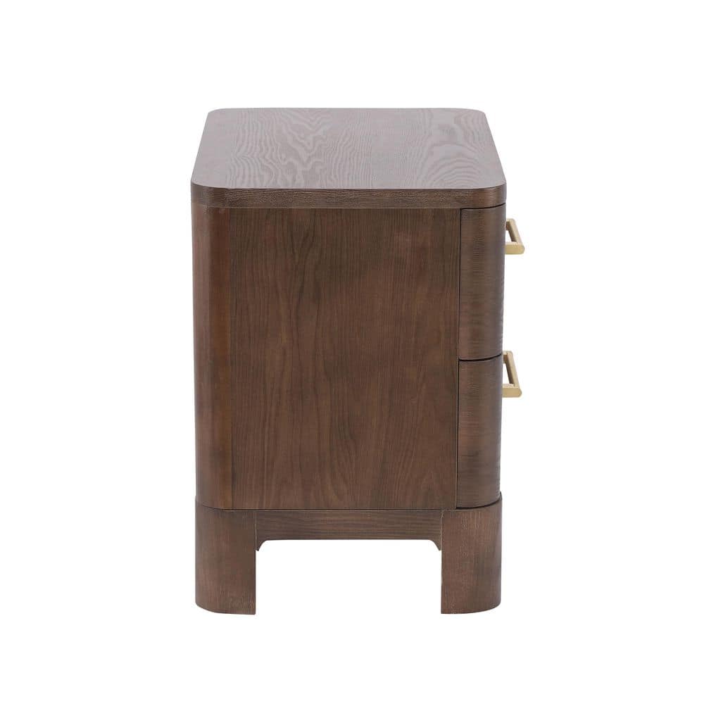 Faye Modern Brown 2-Drawer 23.62 in. W Nightstand with Brushed Gold Handles, Rounded Corners - thumbnail 2