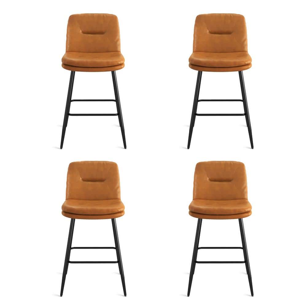 Whiskey Brown Faux Leather Counter Stools with Metal Legs, Set of 4