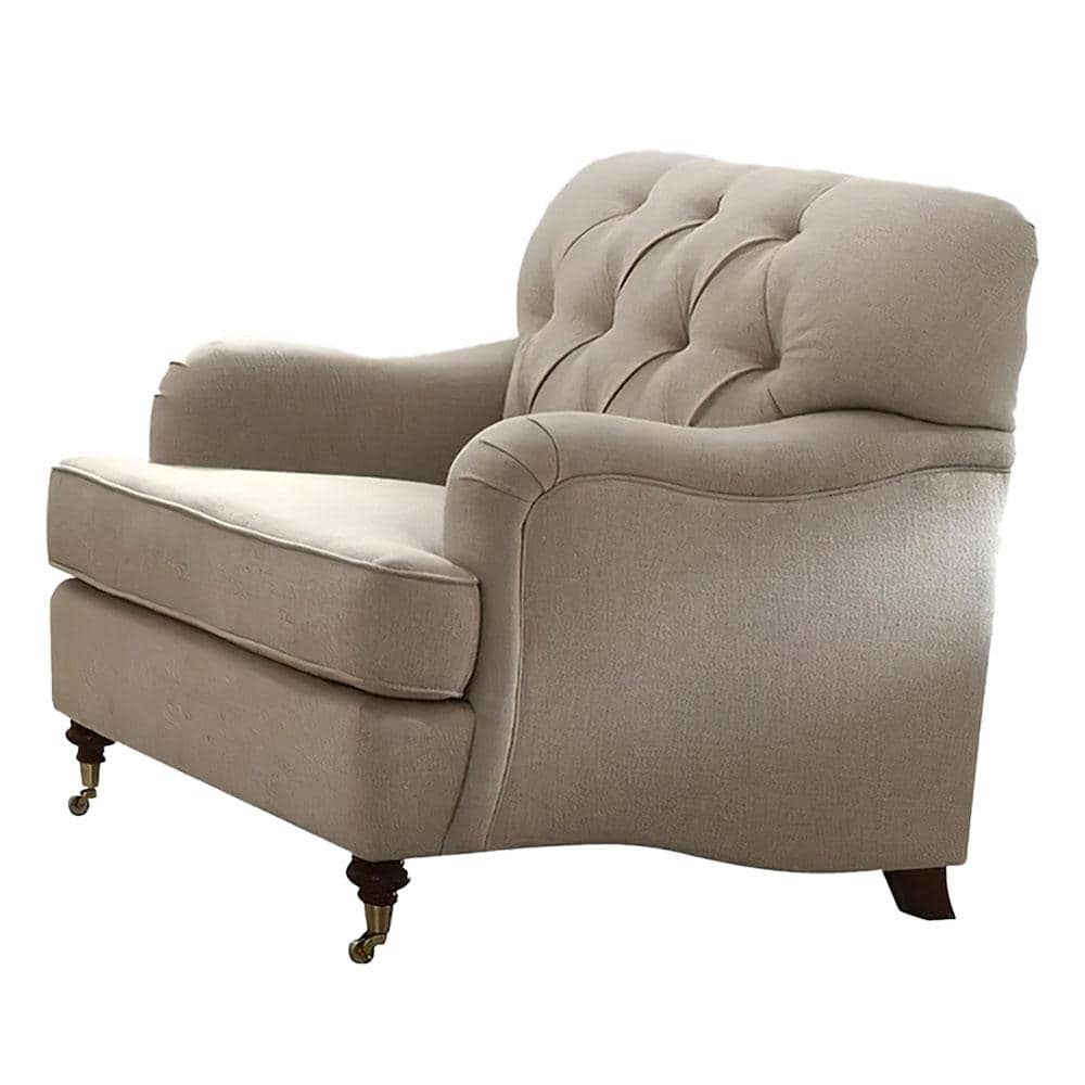 Elegant Beige Leather-Wood Accent Chair with Diamond Tufting