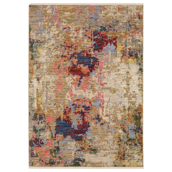7' X 10' Beige Salmon And Yellow Abstract Area Rug With Fringe