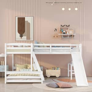 White L-Shape Triple Bunk Bed with Slide and Desk, Wood Bunk Bed Frame with Twin Size Loft Bed with Desk for Kids Teens
