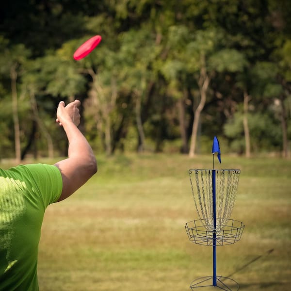 Disc Golf Frisbee Outdoor Game Set with Portable Blue Metal Basket Goal and Flag (6 Disc Set)
