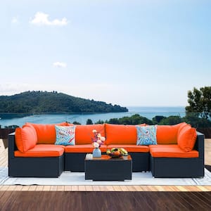 Black Frame 7-Piece Wicker Patio Conversation Set with Orange Cushions Pillows and Glass Table