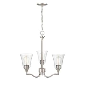 Caily 21 in. 3-Light Brushed Nickel Chandelier Light with Clear Seeded Glass