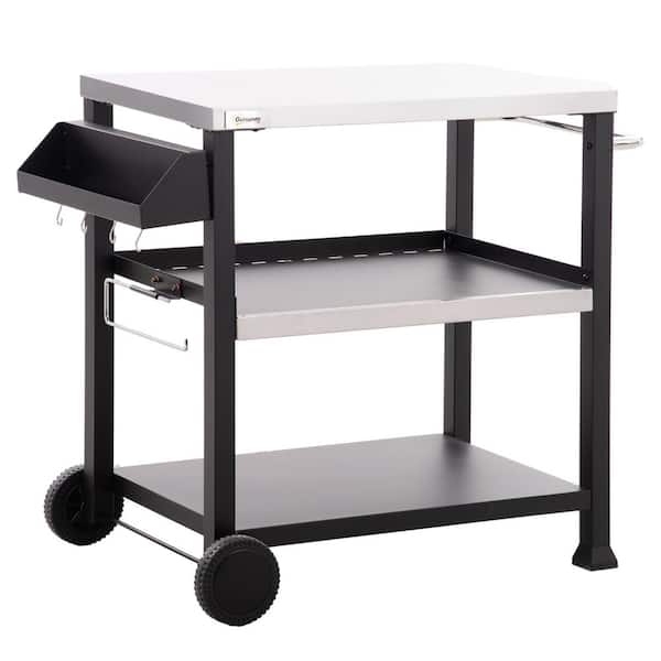 Outsunny 32 in. x 20.5 in. 3-Shelf Outdoor Grill Cart Black with Stainless Steel Tabletop, Side Handle