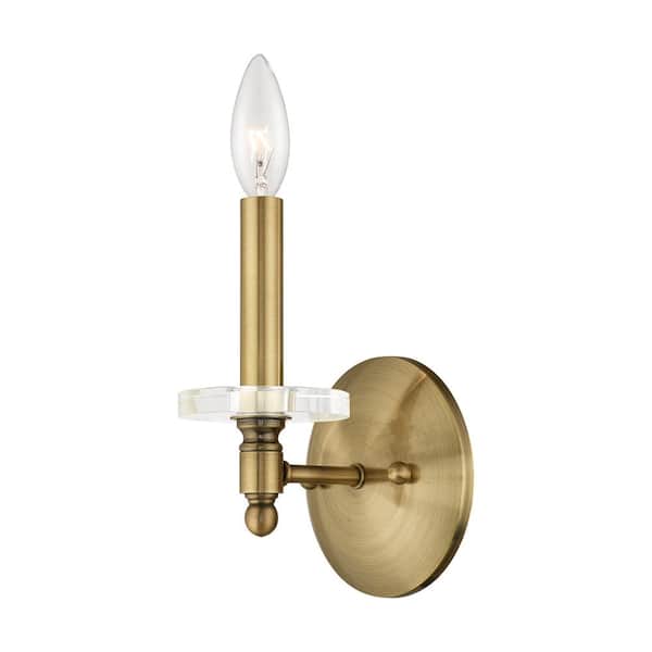 AVIANCE LIGHTING Rosecrest 5 in. 1-Light Antique Brass Wall Sconce with clear crystal bobeche