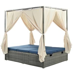 Outdoor Gray Wicker Outdoor Sunbed Day Bed with Blue Cushions, 4-Sided Canopy and Adjustable Seats