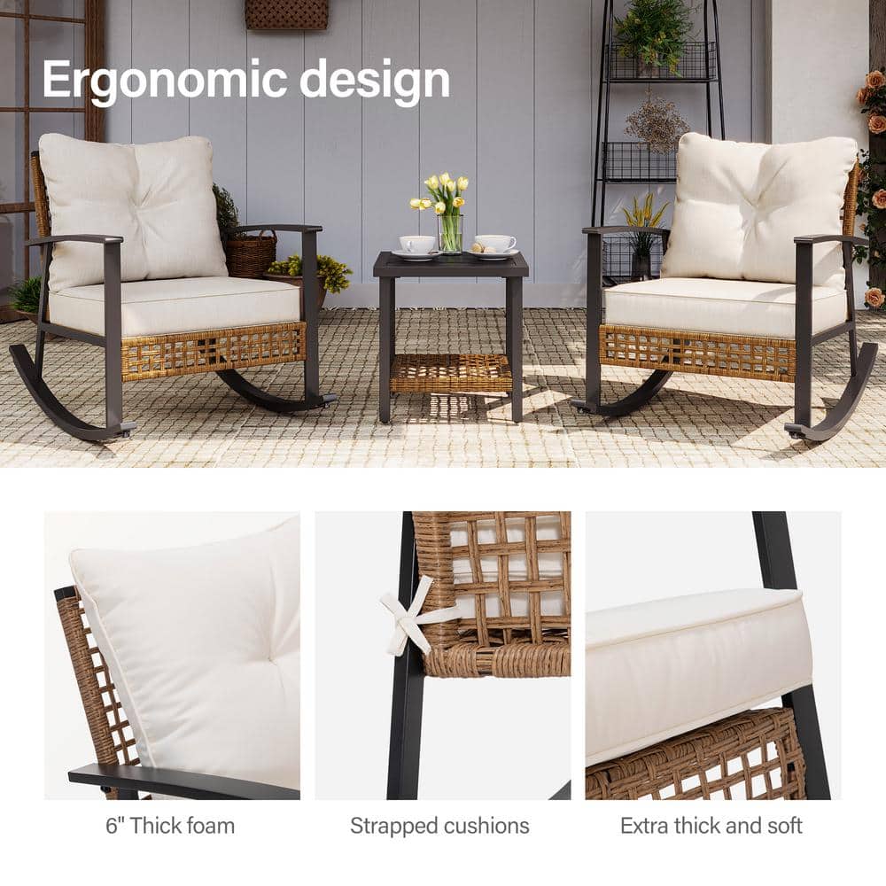 Beige Cushioned Steel Frame 3-Piece Patio Rocking Set