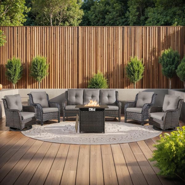 moosprr 6-Piece Brown Wicker Fire Pit Conversation Set with Olefin Gray Cushions and 2 Swivel Glider/ 2 Lounge Chairs and Couch