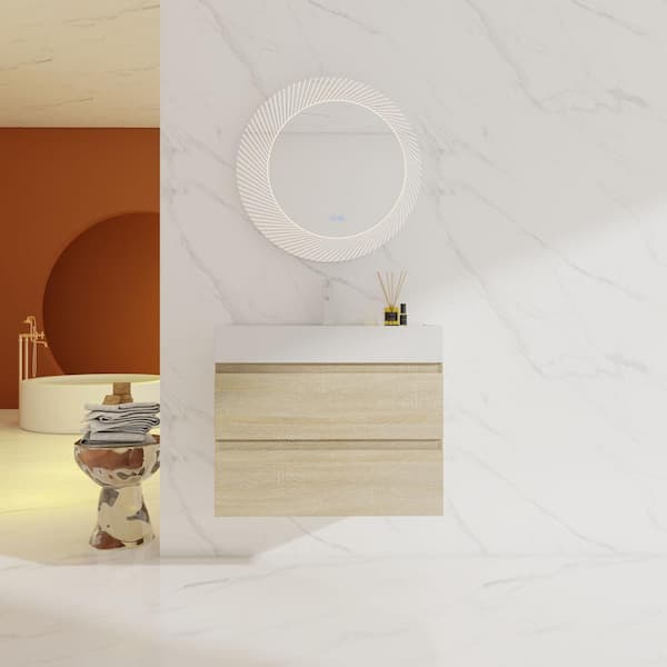 UPIKER 30 in. W x 18.10 in. D x 24.44 in. H Single Sink Wall Mount Bath Vanity in Light Oak with White Resin Top