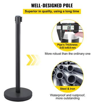 SKYSHALO Crowd Control Stanchion, (Set of 8) Pieces Stanchion Set, Stanchion Set with 6.6 ft. /2 m Black Retractable Belt, Black GLZHSHD8JTZG00000V0-VE1010