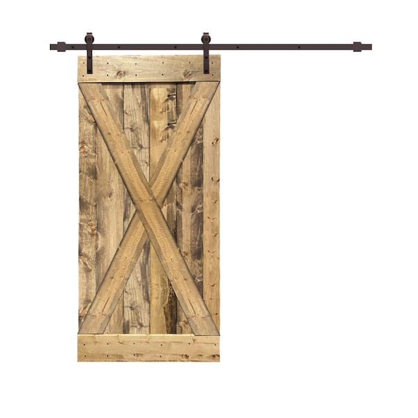 CALHOME X Series 36 in. L x 84 in. H Solid Weather Oak Stained Knotty Pine Wood Interior Sliding Barn Door with Hardware Kit