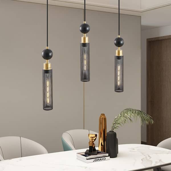 3-Light Modern Black and Gold Pendant Chandelier, Adjustable Hanging Lights, Cylindrical Mesh Shades, E26 Base, No Bulb