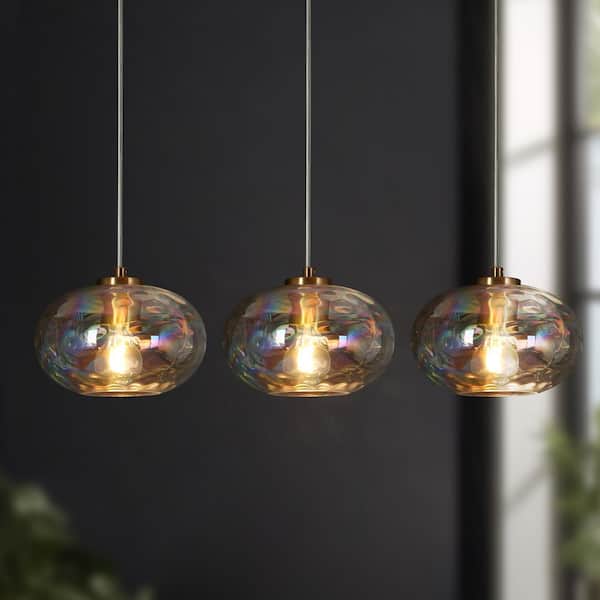 LNC Chrysaorican 3-Light Plating Brass Island Chandelier with Iridescent Glass Globes and No Bulb Included